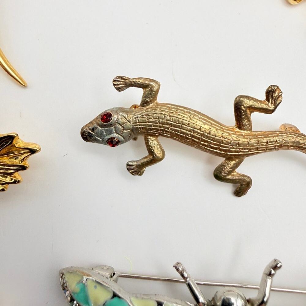 Huge Lot 21 Vtg Animal Insect Brooches Pins Gold Tone Rhinestone Enamel 3 Signed - Picture 10 of 15